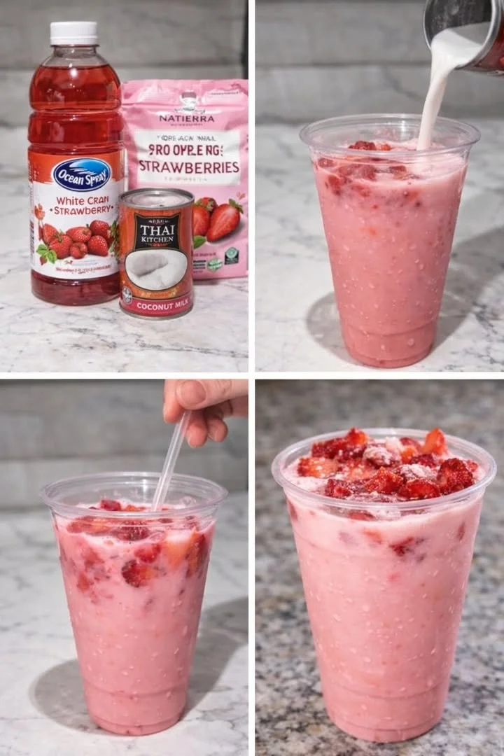 Starbucks Pink Drink with strawberries and coconut milk in a cup
