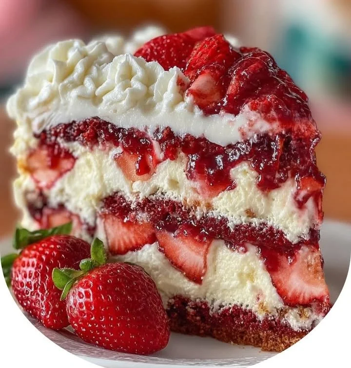 Strawberries and Cream Dream Layer Cheesecake Cake with fresh strawberries on top