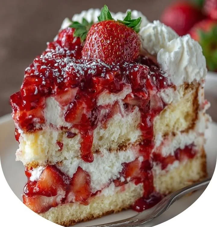 Strawberries and Cream Dream Layer Cheesecake Cake topped with fresh strawberries