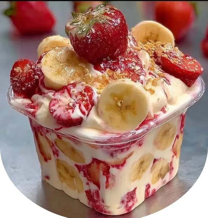 Delicious bowl of strawberry banana pudding topped with fresh strawberries and bananas