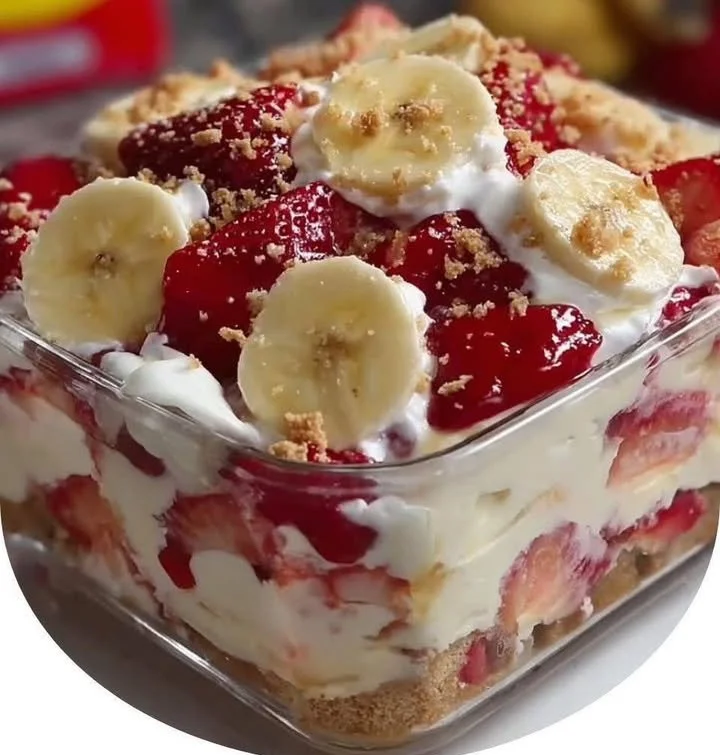 Strawberry Banana Pudding Dream dessert with layers of banana pudding and fresh strawberries