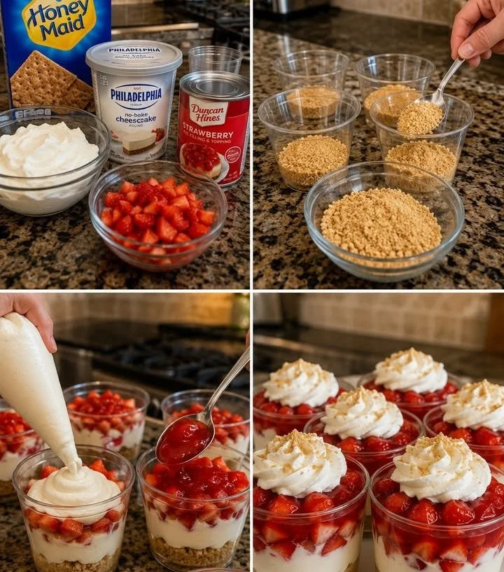 Delicious strawberry cheesecake dessert cups topped with fresh strawberries