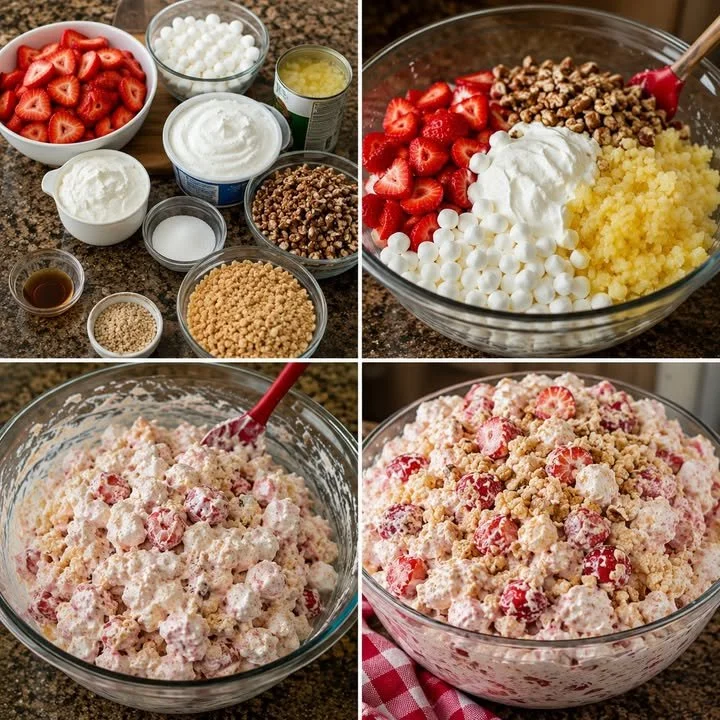 Delicious Strawberry Crackle Salad with fresh strawberries and crunchy toppings