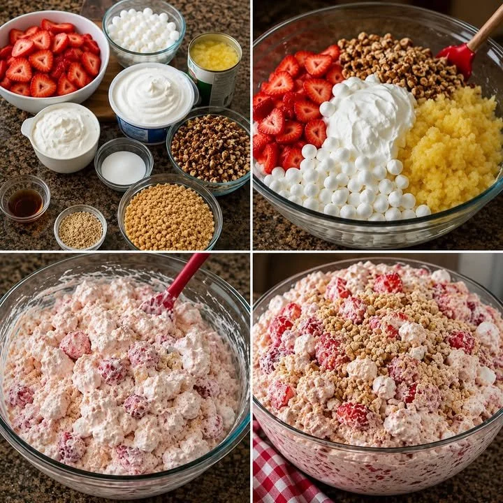 A vibrant Strawberry Crackle Salad featuring fresh strawberries and crunchy toppings.