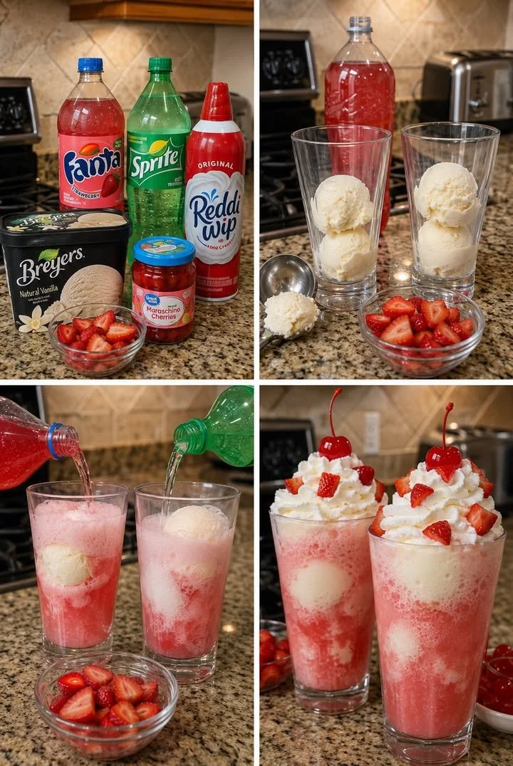 Delicious strawberry lemonade ice cream float in a glass with straw and fruit garnish.