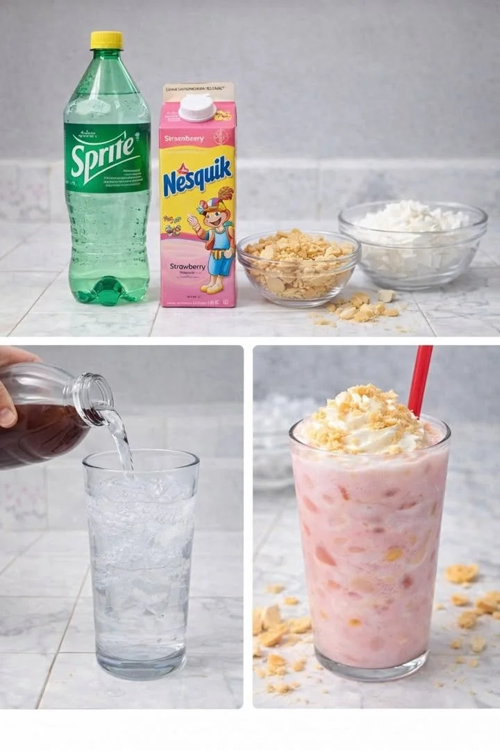 Strawberry Shortcake Dirty Soda in a glass with whipped cream and strawberries