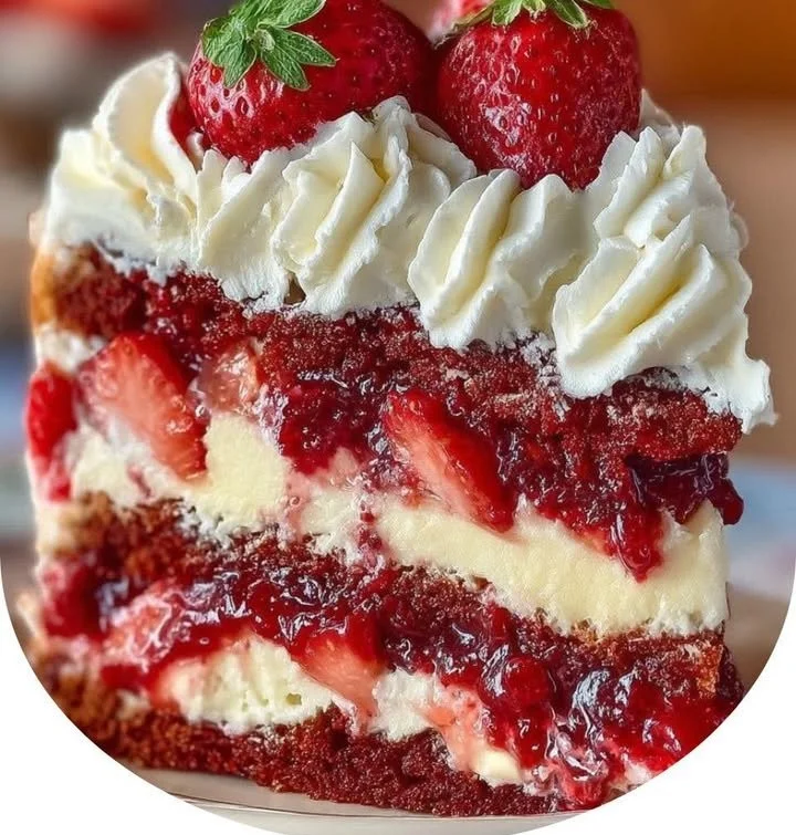 A delicious slice of Strawberry Shortcake layered with fresh strawberries and whipped cream.