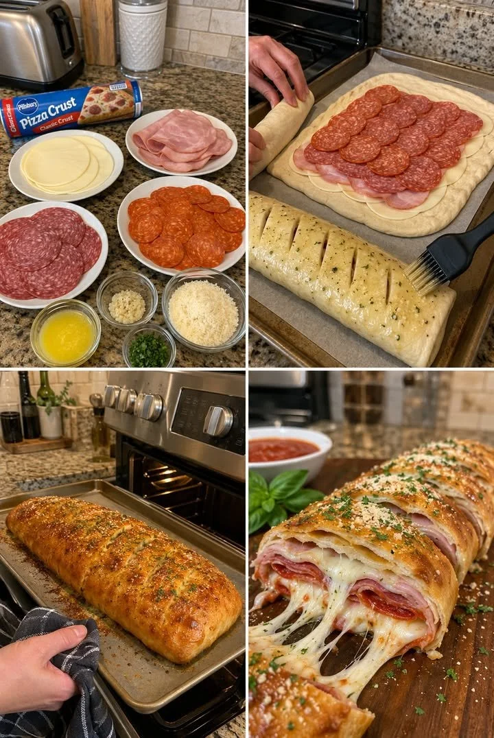 Delicious Stromboli filled with cheese and pepperoni, served with marinara sauce.