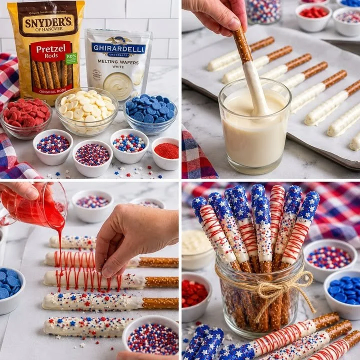 Festive no-bake pretzel rods decorated as 4th of July sparklers