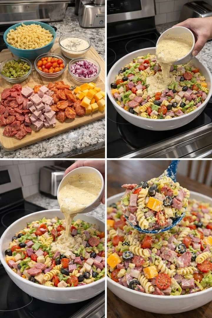 Delicious and colorful pasta salad with fresh vegetables and dressing