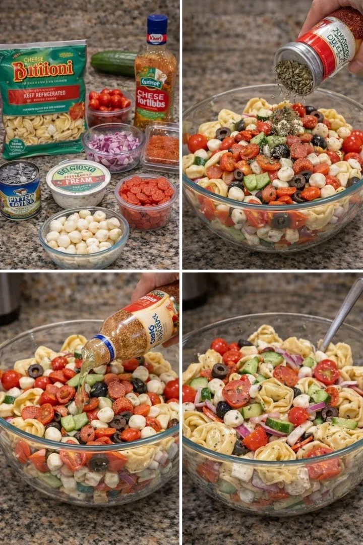 Delicious tortellini salad with vegetables and dressing in a bowl