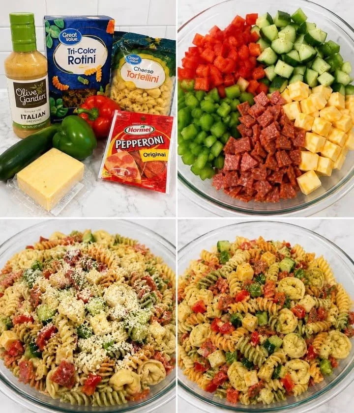 A colorful Tri Color Pasta Salad with fresh vegetables and dressing