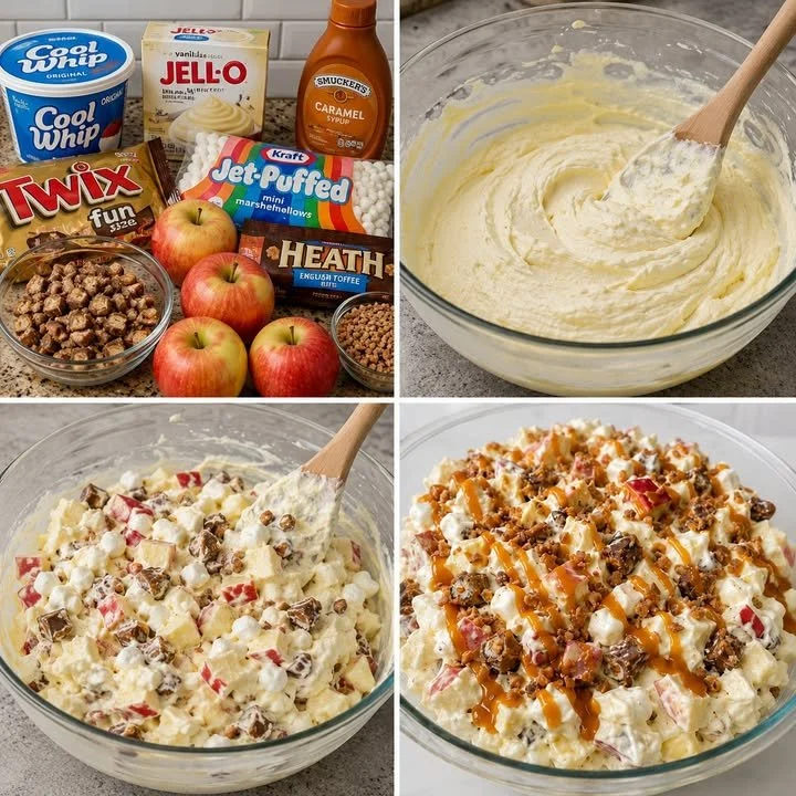 Delicious Twix Caramel Apple Fluff Salad with apples and caramel topping