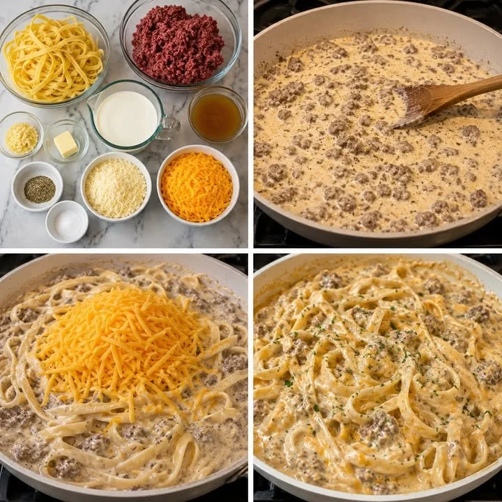 Creamy cheesy beef fettuccine served in a bowl with garnishes