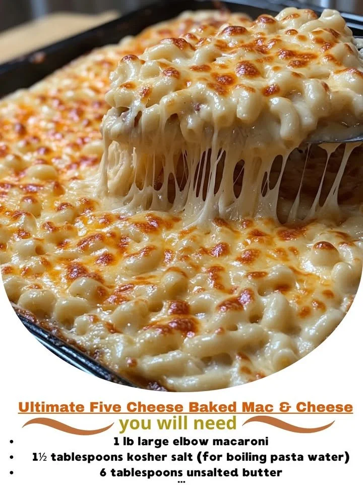 Ultimate five cheese baked mac and cheese in a creamy, cheesy casserole dish