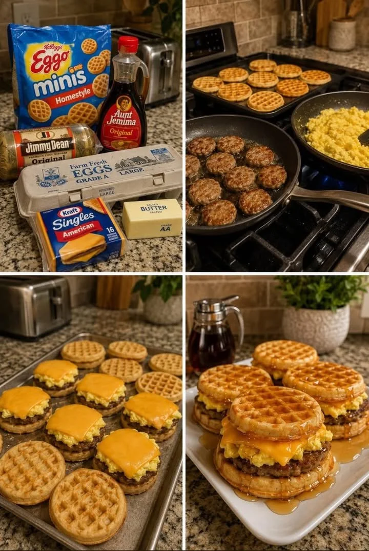 Waffle sausage egg and cheese breakfast sandwich ready to enjoy.