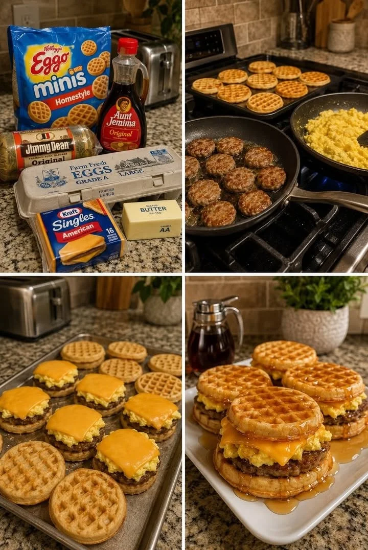 Waffle sausage egg and cheese sandwich on a plate