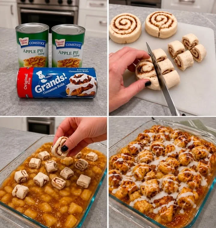 2-Ingredient Cinnamon Roll Apple Cobbler served in a baking dish
