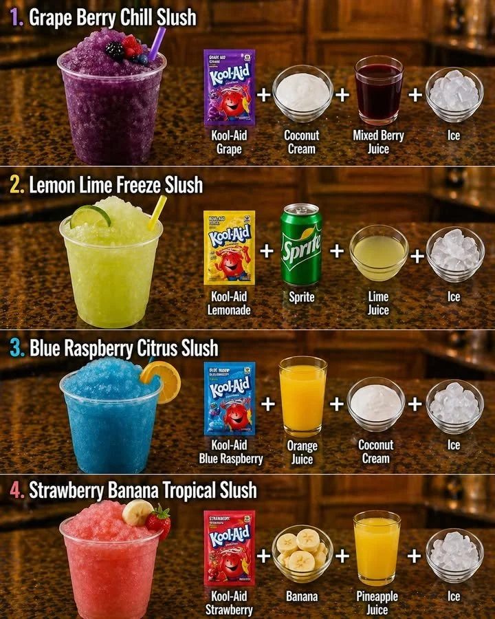 Refreshing slush drinks in vibrant colors served in clear cups
