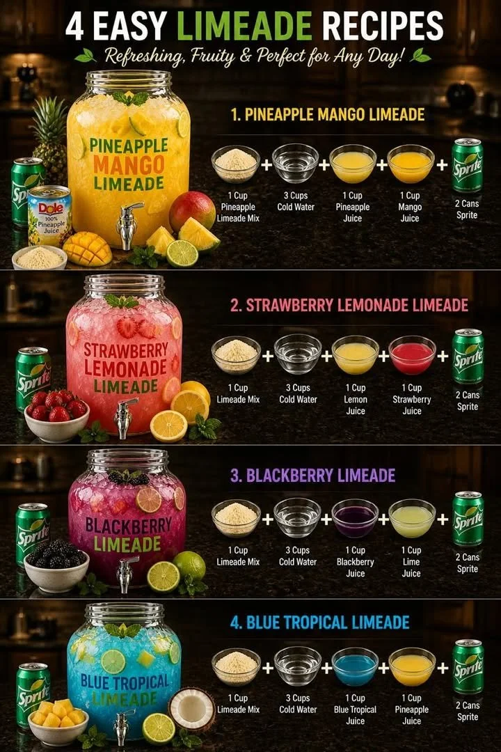 Four refreshing limeade flavors served in glasses with garnishes