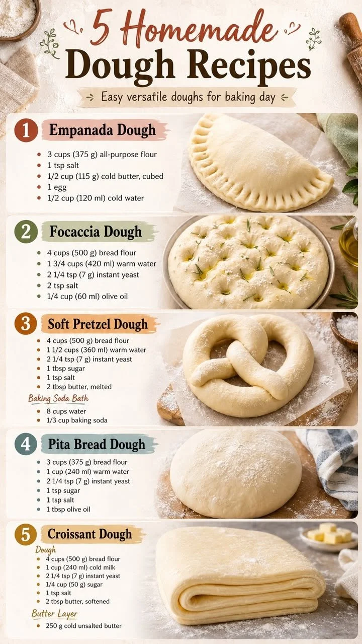 A variety of homemade dough recipes for different baked goods.