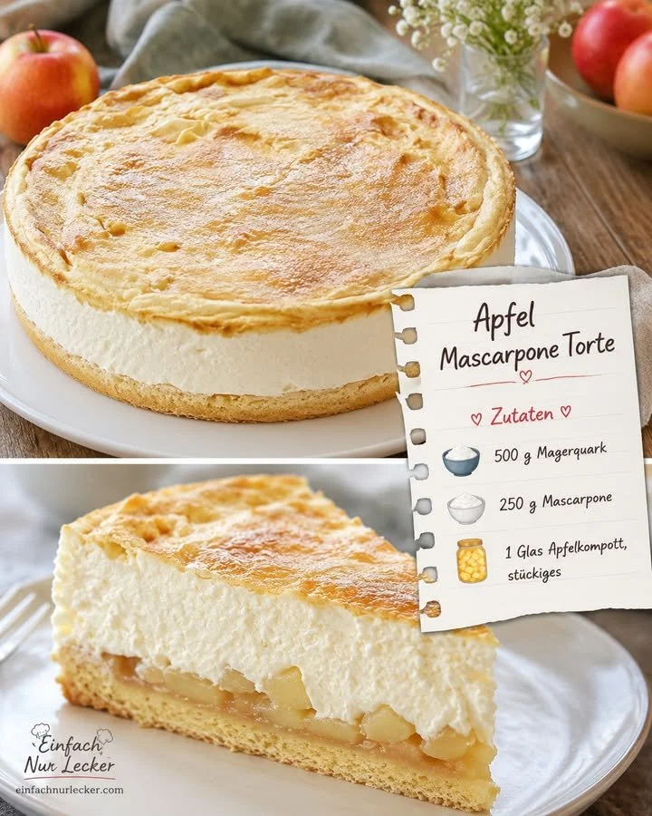 Deliciously baked Apple Mascarpone Cake topped with fresh apple slices and cream.