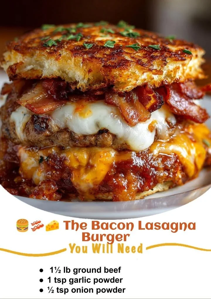 Bacon Lasagna Burger with layers of cheese, bacon, and pasta