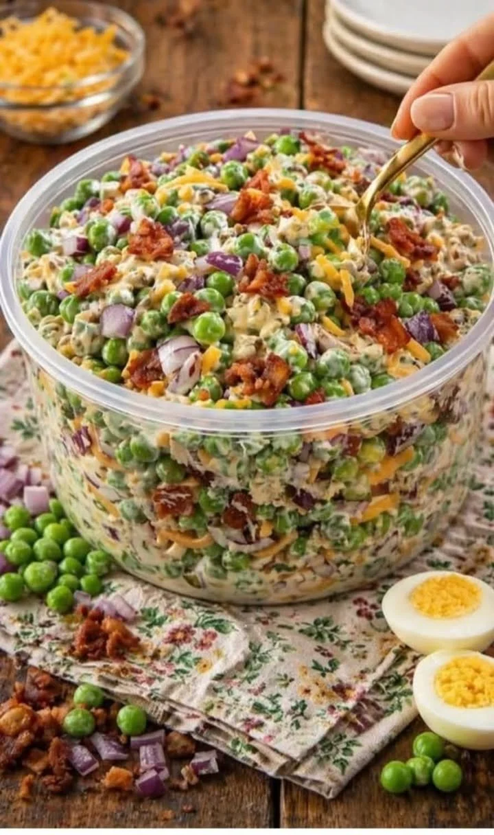 Bacon Pea Salad served in a bowl with vibrant green peas and crispy bacon