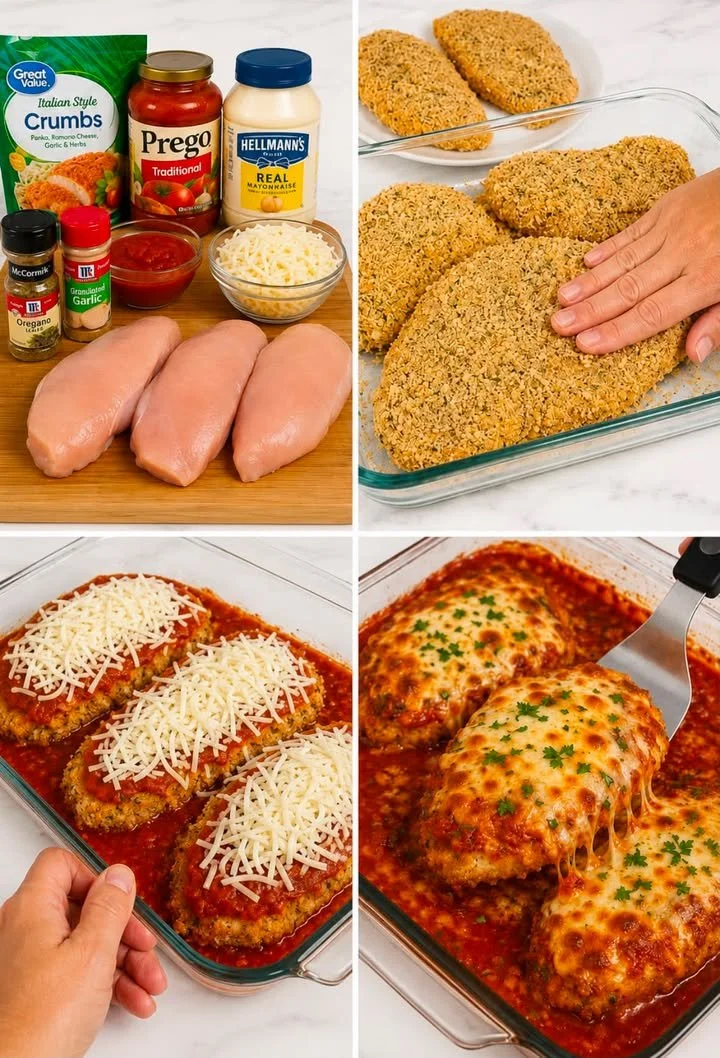 Delicious baked chicken parmesan with a crispy topping and melted cheese