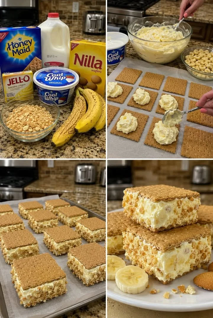 Banana Pudding Graham Freezer Sandwiches topped with whipped cream and banana slices