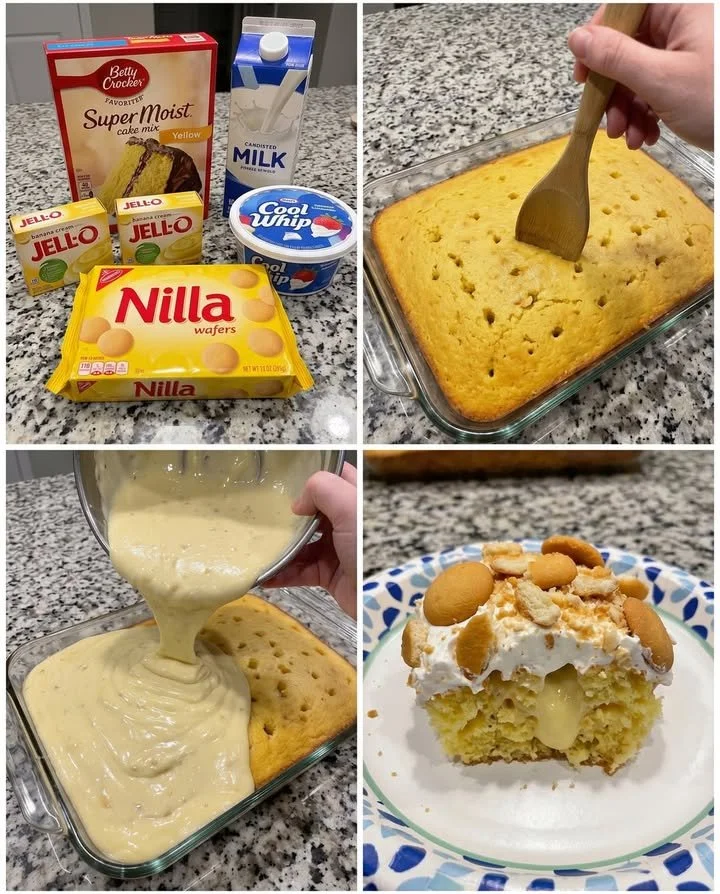 Delicious banana pudding poke cake topped with whipped cream and banana slices.