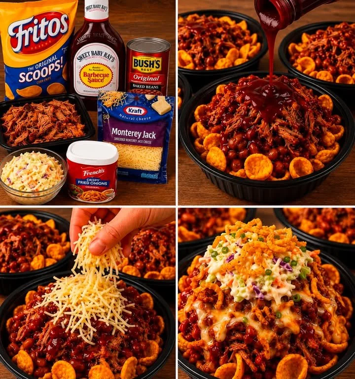 BBQ pulled pork Fritos bowl topped with cheese and fresh toppings
