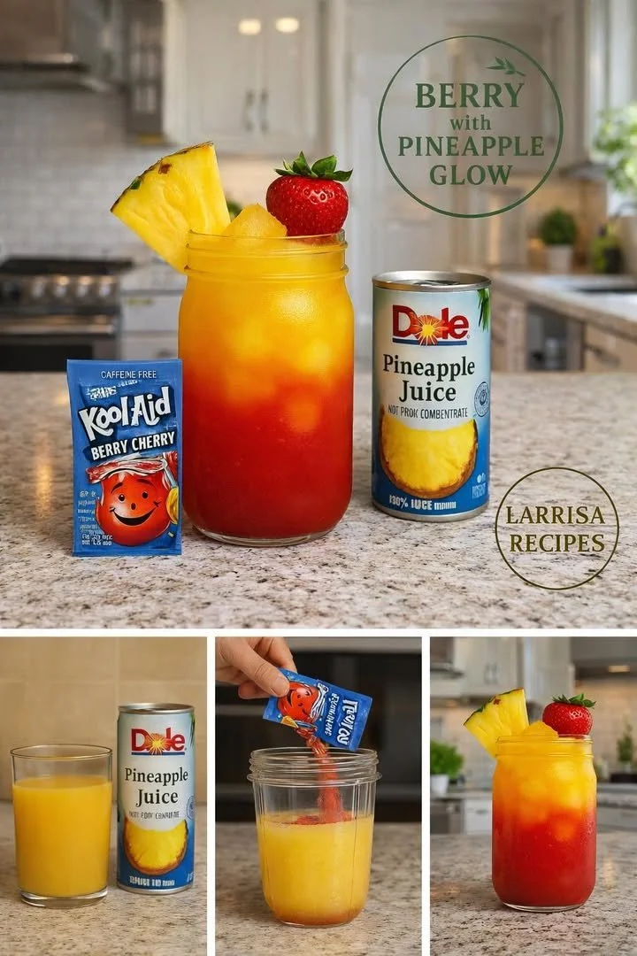 Berry Pineapple Glow Drink garnished with fresh fruits