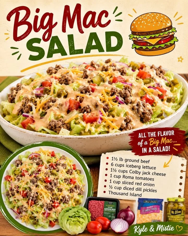 Big Mac Salad featuring fresh vegetables, ground beef, and special sauce.