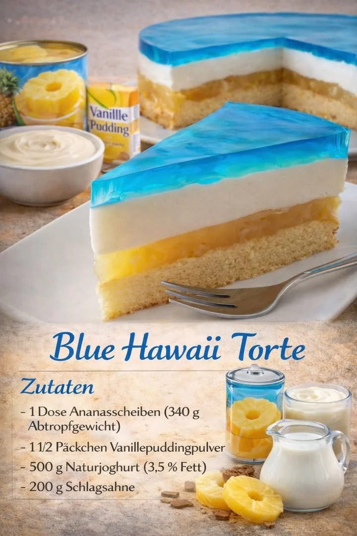 A beautifully decorated Blue Hawaii Cake with tropical decorations and vibrant colors.