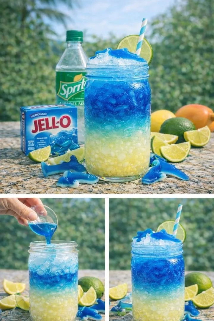 Blue Lagoon slush drink in a vibrant blue cup with ice and a slice of lemon