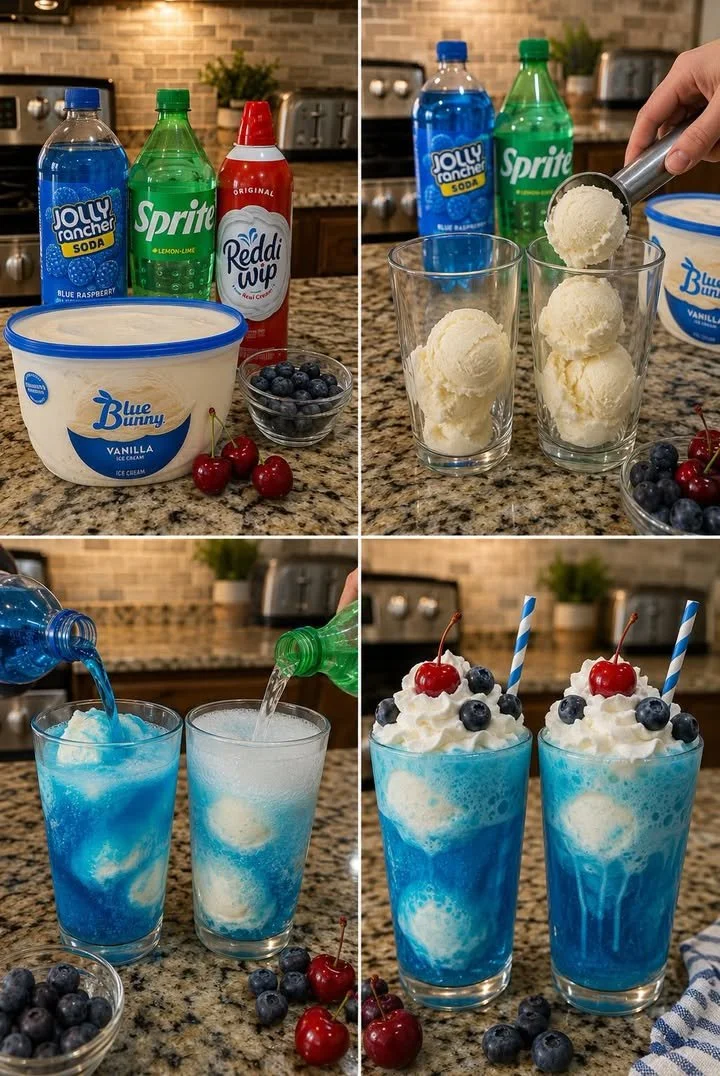 Refreshing blue raspberry ice cream floats served in colorful glasses