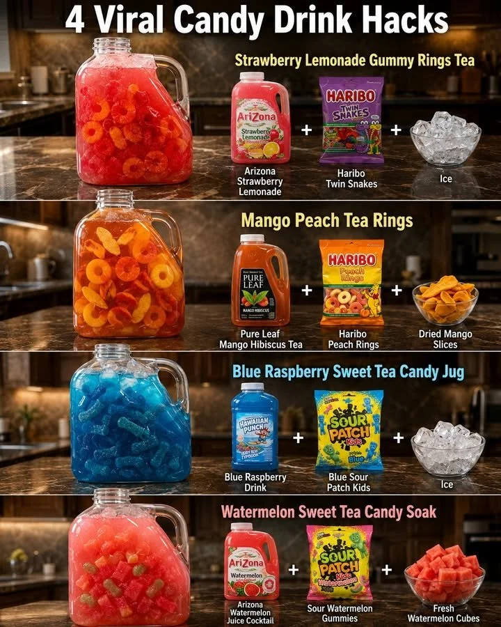 Colorful candy drink garnished with sweets and vibrant colors for a festive look.
