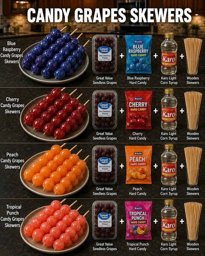 Candy grape skewers displaying vibrant grapes coated with colorful candy.