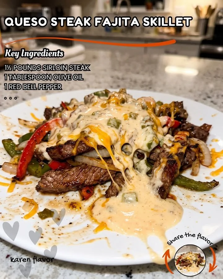 Cheese Steak Fajita Skillet loaded with colorful peppers and juicy steak.