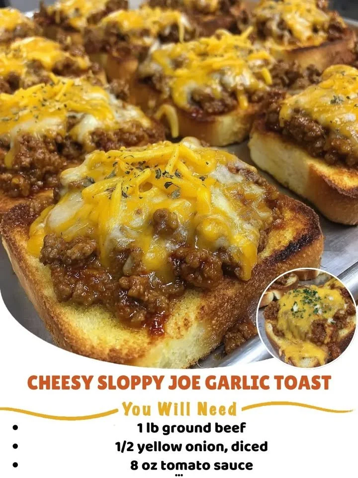 Cheesy Sloppy Joe Garlic Toast with melted cheese and fresh garlic bread.