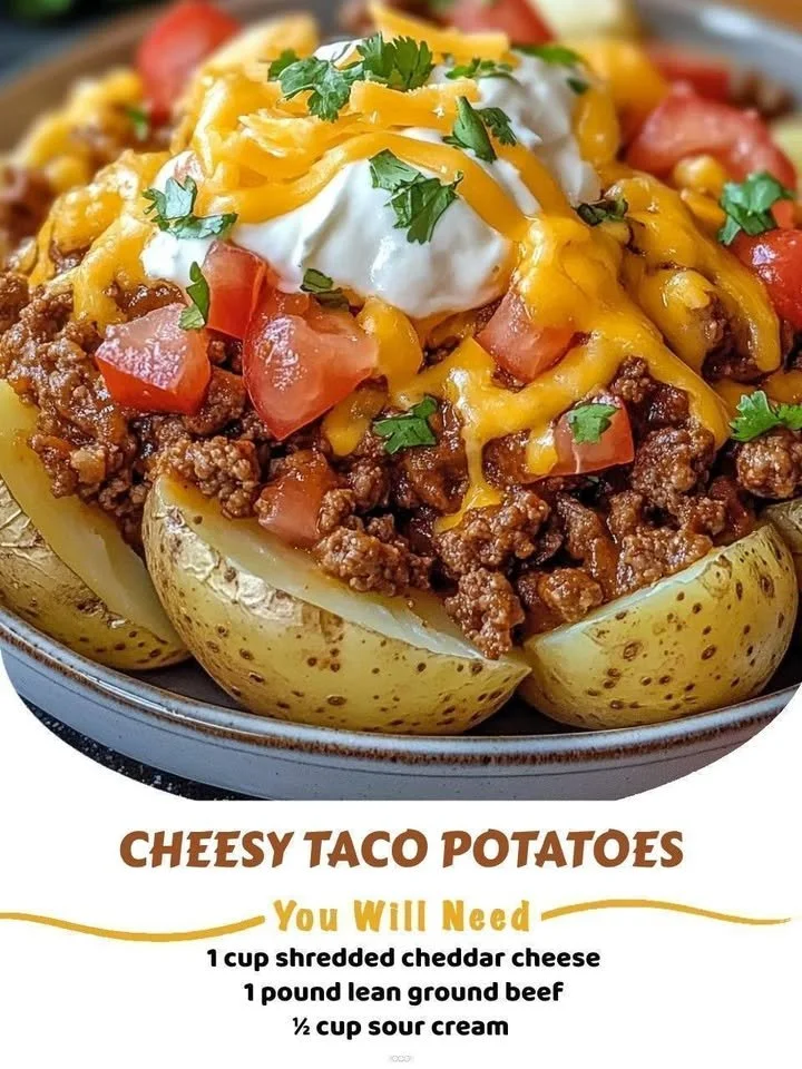 Delicious cheesy taco potatoes topped with vibrant toppings