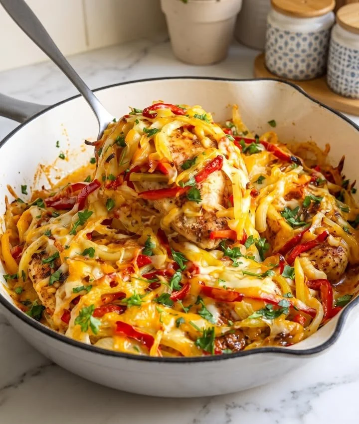 Delicious Chicken Fajita Bake topped with cheese and fresh vegetables