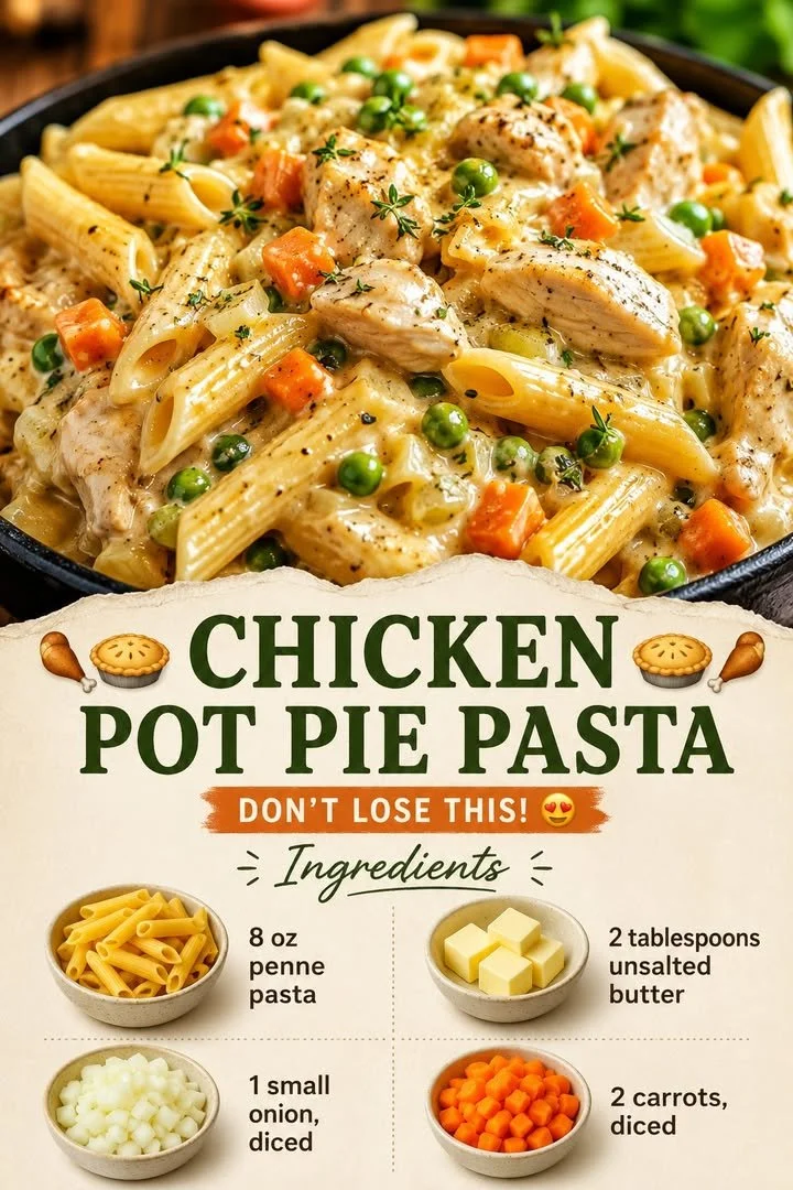 Creamy Chicken Pot Pie Pasta served in a bowl with fresh herbs.