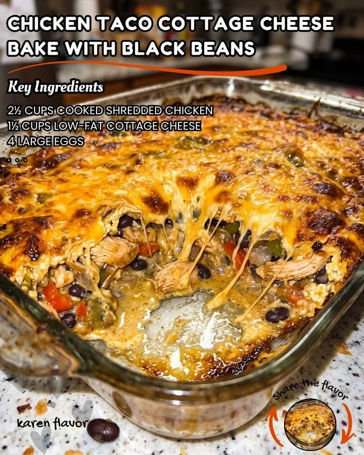 Delicious Chicken Taco Bake with Cottage Cheese and Black Beans served in a casserole dish.
