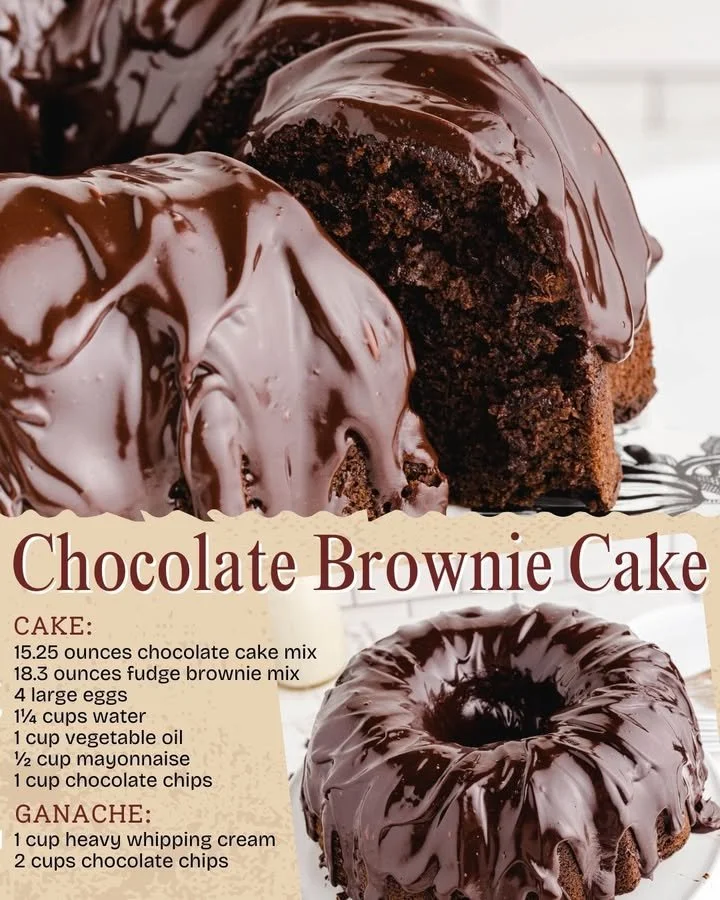 Delicious chocolate brownie cake with a rich frosting and chocolate chips.