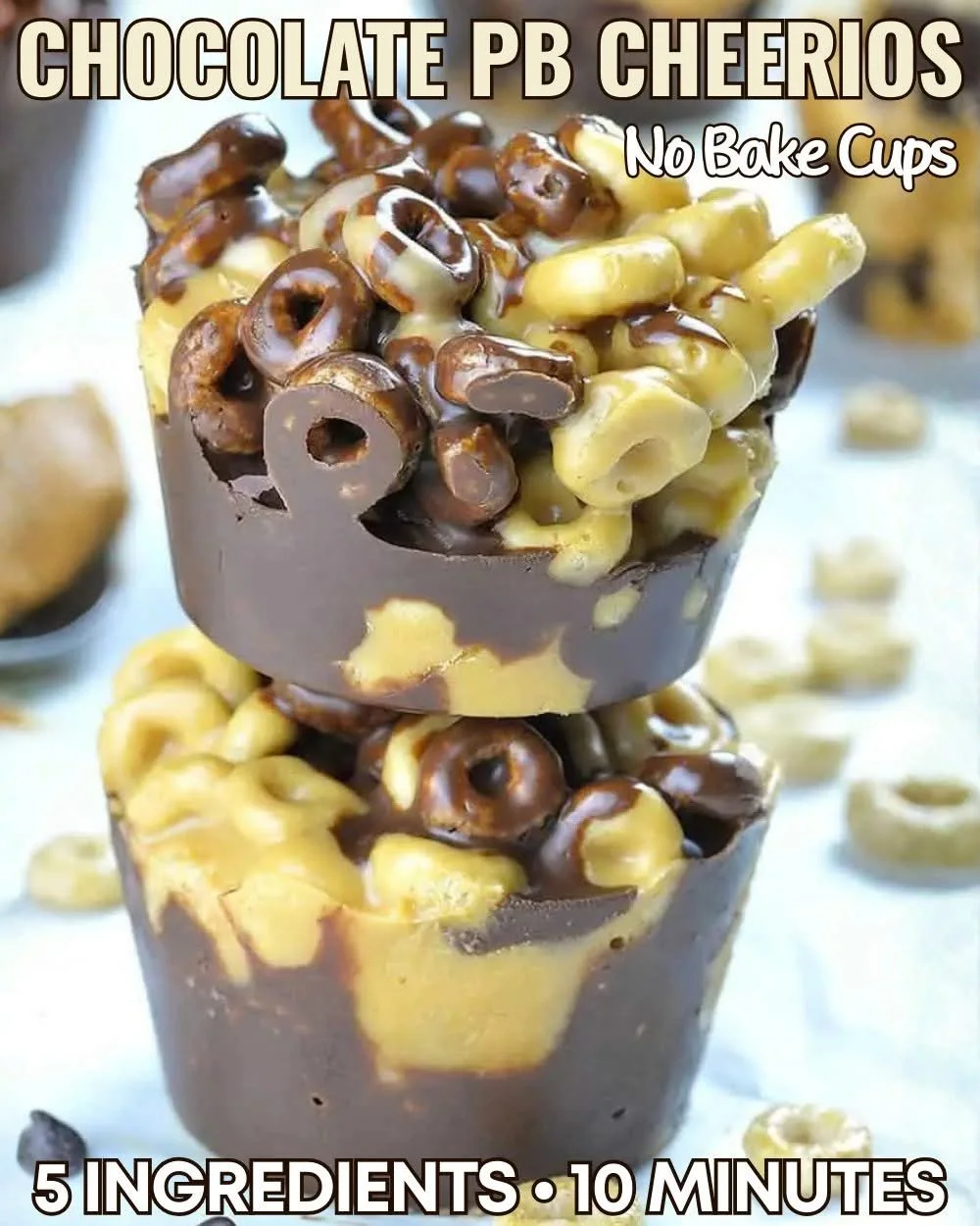 Chocolate Peanut Butter Cheerios Cups topped with melted chocolate and peanut butter.