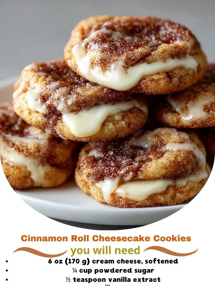 Freshly baked cinnamon roll cheesecake cookies on a plate