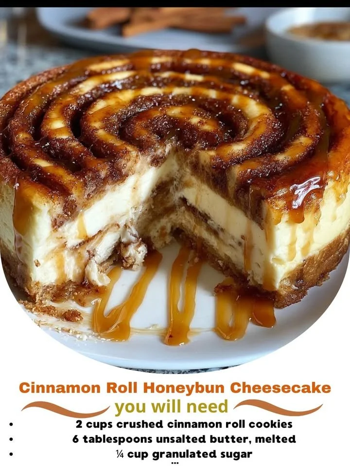 Slice of Cinnamon Roll Honeybun Cheesecake on a plate with cinnamon rolls garnish