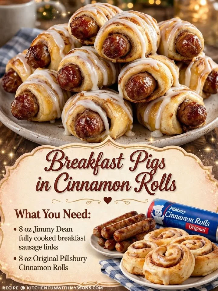 Cinnamon roll wrapped sausages served on a plate with syrup for dipping.
